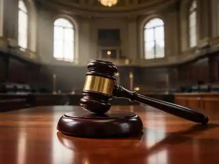 Ein hölzerner Hammer liegt auf einem glĂ€nzenden Holztisch in einem feierlichen Parlamentssaal mit gedĂ€mpftem Licht. - Foto: ĂŒber boerse-global.de