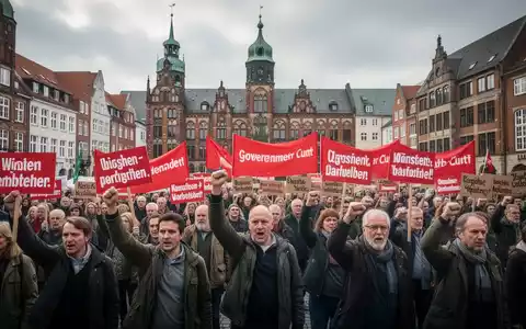 Menschen demonstrieren in Lübeck mit roten Plakaten und Bannern gegen Regierungskürzungen, im Hintergrund historische Architektur. - Foto: über boerse-global.de
