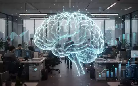 Ein abstraktes, leuchtendes KI-Gehirn überlagert eine moderne Büroumgebung mit Datenvisualisierungen, die Produktivität und Wachstum symbolisieren. - Foto: über boerse-global.de