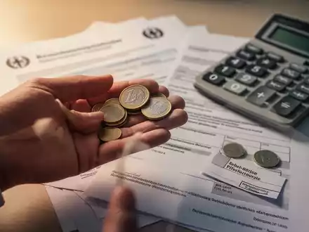 Hände halten Euro-Münzen mit verschwommenen Rentendokumenten und einem Taschenrechner im Hintergrund. - Foto: über boerse-global.de