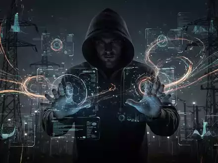 Verschwommene Gestalt in Kapuzenjacke manipuliert digitale Oberflächen, symbolisiert KI-gestützte Betrugsmaschen und Cyberkriminalität. - Foto: über boerse-global.de