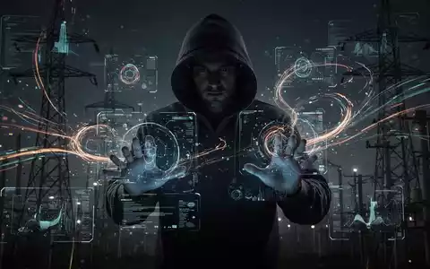 Verschwommene Gestalt in Kapuzenjacke manipuliert digitale Oberflächen, symbolisiert KI-gestützte Betrugsmaschen und Cyberkriminalität. - Foto: über boerse-global.de