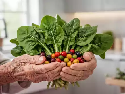 Ältere Hände halten frisches, grünes Blattgemüse und bunte Beeren, im Hintergrund eine moderne Küche. Fokus auf gesunde Ernährung. - Foto: über boerse-global.de