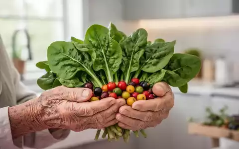 Ältere Hände halten frisches, grünes Blattgemüse und bunte Beeren, im Hintergrund eine moderne Küche. Fokus auf gesunde Ernährung. - Foto: über boerse-global.de