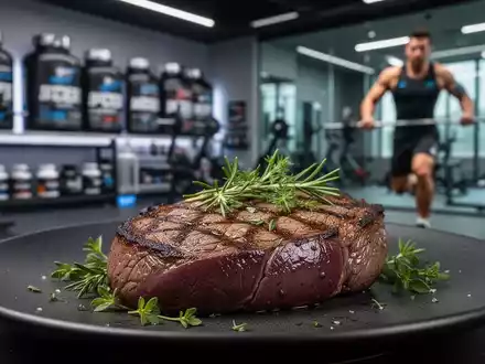 Nahaufnahme eines perfekt gegrillten Steaks, möglicherweise Rinderherz oder Leber, auf einem dunklen Teller. Im Hintergrund verschwommen ein Athlet. - Foto: über boerse-global.de