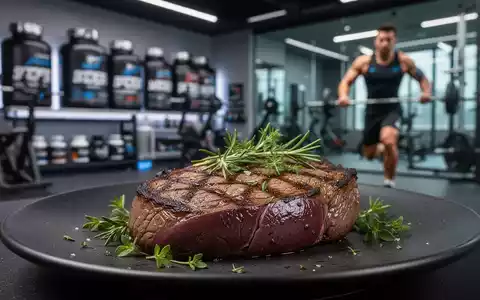Nahaufnahme eines perfekt gegrillten Steaks, möglicherweise Rinderherz oder Leber, auf einem dunklen Teller. Im Hintergrund verschwommen ein Athlet. - Foto: über boerse-global.de