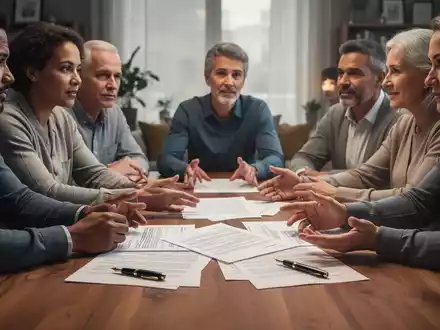 Eine vielfältige Patchworkfamilie sitzt an einem Tisch und bespricht rechtliche Dokumente, Symbole für Erbschaft und Nachlassplanung. - Foto: über boerse-global.de