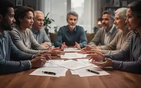 Eine vielfältige Patchworkfamilie sitzt an einem Tisch und bespricht rechtliche Dokumente, Symbole für Erbschaft und Nachlassplanung. - Foto: über boerse-global.de