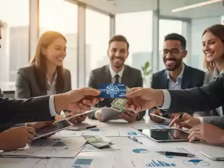 Geschäftsleute in einem modernen Büro tauschen eine symbolische Gehaltskarte oder Geld aus, was steuerfreie Extras darstellt. - Foto: über boerse-global.de