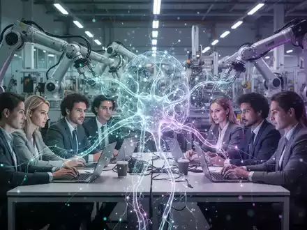 Ein stilisiertes, leuchtendes neuronales Netzwerk verbindet sich mit Büroangestellten und Robotern in einer modernen Arbeitsumgebung. - Foto: über boerse-global.de