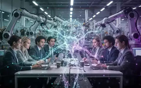 Ein stilisiertes, leuchtendes neuronales Netzwerk verbindet sich mit Büroangestellten und Robotern in einer modernen Arbeitsumgebung. - Foto: über boerse-global.de