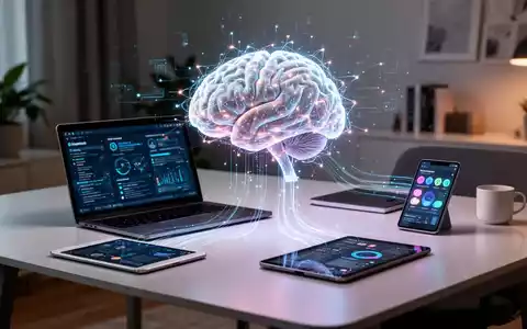 Eine stilisierte, leuchtende KI-Gehirnverbindung zu digitalen Geräten auf einem modernen Schreibtisch im Homeoffice. - Foto: über boerse-global.de