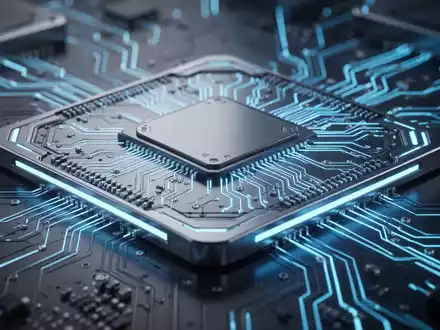 Nahaufnahme eines futuristischen KI-Chips mit leuchtend blauen Schaltkreisen und glatter Metalloberfläche, Symbol für Spitzentechnologie. - Foto: über boerse-global.de