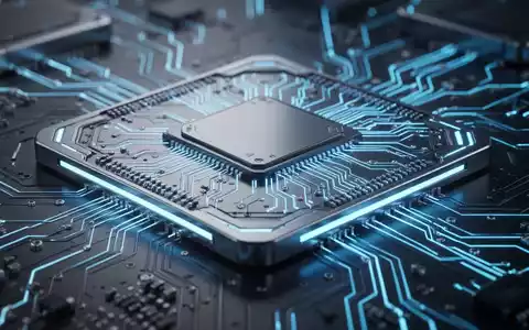 Nahaufnahme eines futuristischen KI-Chips mit leuchtend blauen Schaltkreisen und glatter Metalloberfläche, Symbol für Spitzentechnologie. - Foto: über boerse-global.de