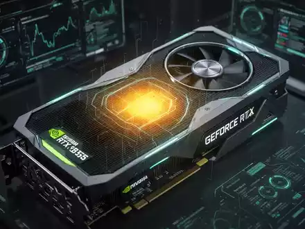 Nahaufnahme einer futuristischen NVIDIA GeForce RTX 50 Serie Grafikkarte mit glühendem rotem Hotspot, der hohe Temperatur anzeigt. - Foto: über boerse-global.de