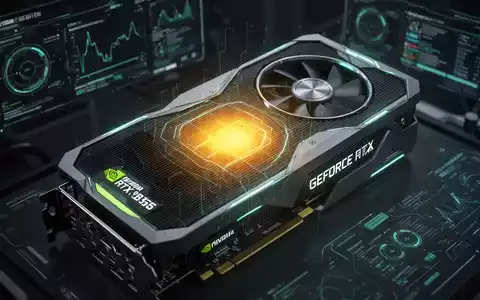 Nahaufnahme einer futuristischen NVIDIA GeForce RTX 50 Serie Grafikkarte mit glühendem rotem Hotspot, der hohe Temperatur anzeigt. - Foto: über boerse-global.de