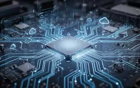 Leuchtend blaue Leiterplatte mit transparentem digitalem Interface, Datenströme und Cloud-Symbole, Windows 11-Wiederherstellung. - Foto: über boerse-global.de