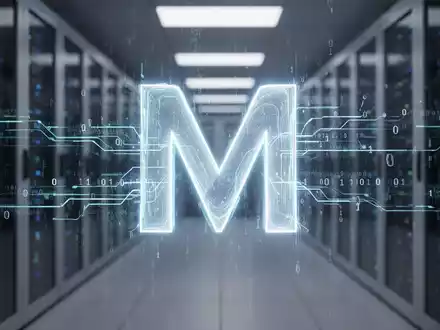 Stilisiertes leuchtendes digitales Microsoft-M-Logo mit Datenströmen und Binärcode vor verschwommenem Serverraum. - Foto: über boerse-global.de