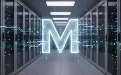 Stilisiertes leuchtendes digitales Microsoft-M-Logo mit Datenströmen und Binärcode vor verschwommenem Serverraum. - Foto: über boerse-global.de
