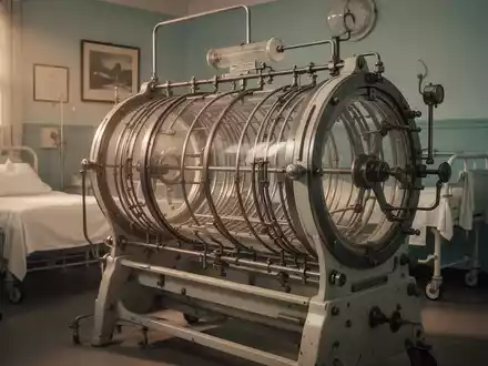 Eine alte Eiserne Lunge in einem schwach beleuchteten Raum, die eine vergangene Ära der Medizintechnik symbolisiert. - Foto: über boerse-global.de