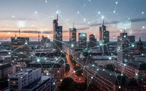 Eine stilisierte digitale Netzwerkgitterstruktur über einer modernen deutschen Stadtkulisse bei Dämmerung, die den elektronischen Datenaustausch symbolisiert. - Foto: über boerse-global.de