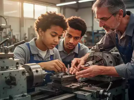 Ein junger Lehrling arbeitet konzentriert an einer Maschine, während ein erfahrener Ausbilder daneben steht und ihn anleitet. - Foto: über boerse-global.de