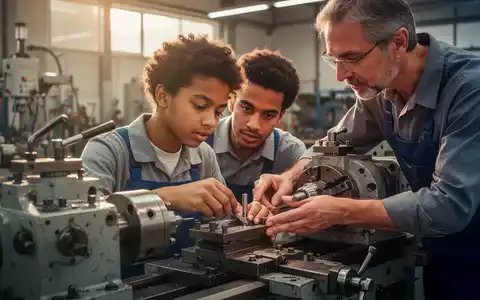 Ein junger Lehrling arbeitet konzentriert an einer Maschine, während ein erfahrener Ausbilder daneben steht und ihn anleitet. - Foto: über boerse-global.de