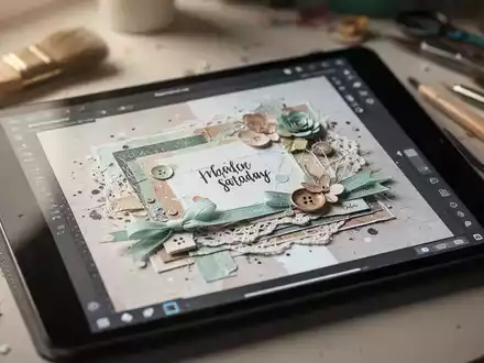Nahaufnahme eines lebendigen digitalen Scrapbooking-Layouts auf einem Tablet-Bildschirm mit verschiedenen Designelementen. - Foto: über boerse-global.de