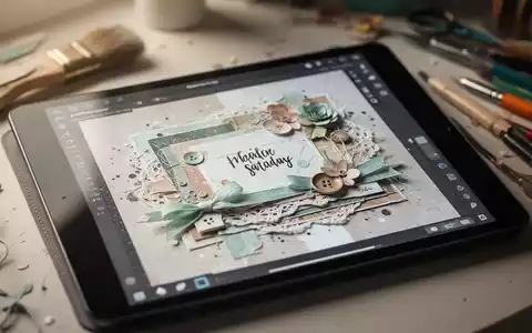 Nahaufnahme eines lebendigen digitalen Scrapbooking-Layouts auf einem Tablet-Bildschirm mit verschiedenen Designelementen. - Foto: über boerse-global.de