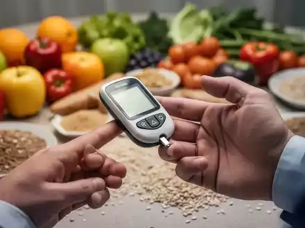Eine Hand hält ein Blutzuckermessgerät, im unscharfen Hintergrund sind gesunde Lebensmittel wie Obst und Gemüse zu sehen. - Foto: über boerse-global.de