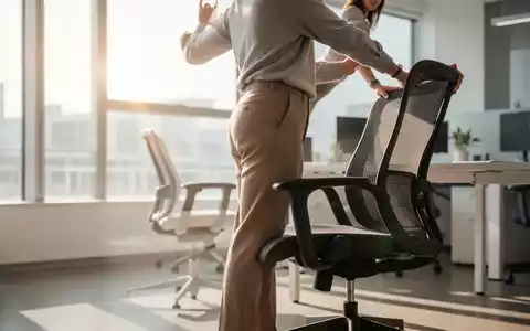 Eine Person steht von einem ergonomischen Bürostuhl auf und dehnt sich sanft, um langes Sitzen zu unterbrechen und die Hüftgesundheit zu fördern. - Foto: über boerse-global.de