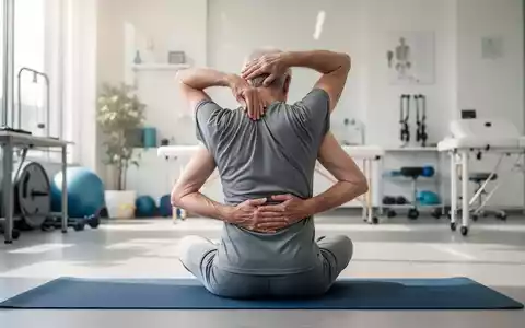 Eine ältere Person, von hinten gesehen, führt eine sanfte Wirbelsäulenbeugeübung auf einer Yogamatte in einem Therapieraum durch. - Foto: über boerse-global.de