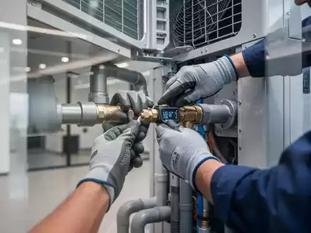 Hände eines Technikers verbinden Rohre einer modernen Wärmepumpe. Fokus auf technische Details und professionelle Installation. - Foto: über boerse-global.de
