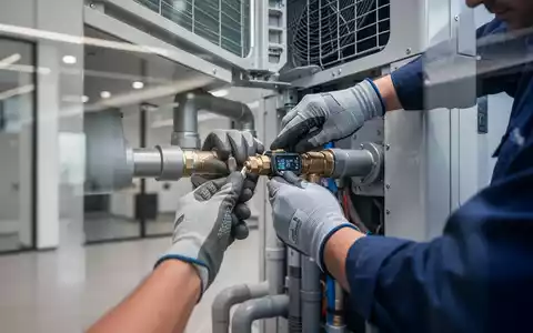 HĂ€nde eines Technikers verbinden Rohre einer modernen WĂ€rmepumpe. Fokus auf technische Details und professionelle Installation. - Foto: ĂŒber boerse-global.de