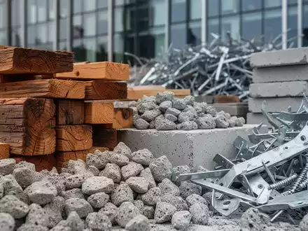 Nahaufnahme von recycelten Baumaterialien wie Holz, Beton und Metall, gestapelt, mit einem unscharfen modernen Gebäude im Hintergrund. - Foto: über boerse-global.de