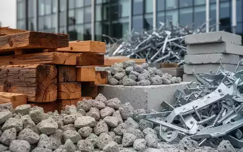 Nahaufnahme von recycelten Baumaterialien wie Holz, Beton und Metall, gestapelt, mit einem unscharfen modernen Gebäude im Hintergrund. - Foto: über boerse-global.de