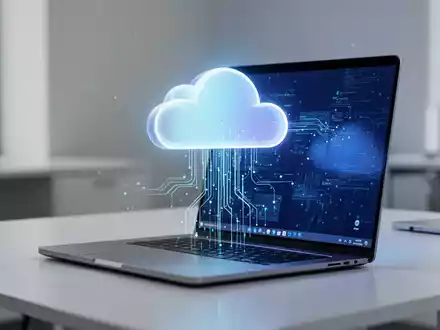 Leuchtendes Cloud-Symbol mit Laptop und Windows-11-Bildschirm, Datenströme symbolisieren Cloud-Backup. - Foto: über boerse-global.de