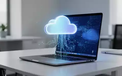 Leuchtendes Cloud-Symbol mit Laptop und Windows-11-Bildschirm, Datenströme symbolisieren Cloud-Backup. - Foto: über boerse-global.de
