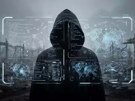 Eine schattenhafte Gestalt in einer kriegszerstörten Landschaft, erleuchtet von einer holografischen Schnittstelle mit komplexen Algorithmen und taktischen Karten. - Foto: über boerse-global.de