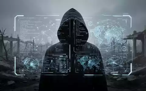 Eine schattenhafte Gestalt in einer kriegszerstörten Landschaft, erleuchtet von einer holografischen Schnittstelle mit komplexen Algorithmen und taktischen Karten. - Foto: über boerse-global.de