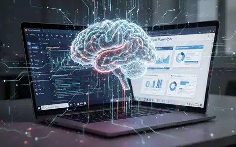Leuchtendes, abstraktes KI-Gehirn-Netzwerk ĂŒber Laptop-Bildschirm mit PowerPoint-PrĂ€sentation, Symbol fĂŒr KI-Integration. - Foto: ĂŒber boerse-global.de