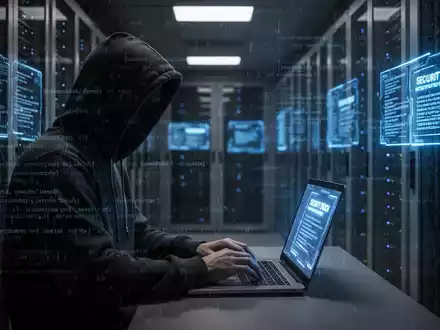 Verschattete Gestalt in Kapuzenpulli tippt auf Laptop in schwach beleuchtetem Serverraum, symbolisiert Datenleck und Diebstahl von Geschäftsgeheimnissen. - Foto: über boerse-global.de