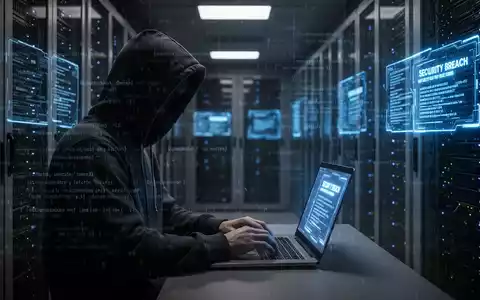 Verschattete Gestalt in Kapuzenpulli tippt auf Laptop in schwach beleuchtetem Serverraum, symbolisiert Datenleck und Diebstahl von Geschäftsgeheimnissen. - Foto: über boerse-global.de