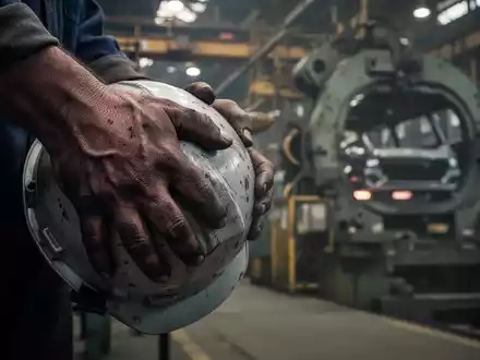 Nahaufnahme der Hände eines Fabrikarbeiters, der einen Schutzhelm hält, mit unscharfen Industrieanlagen im Hintergrund. - Foto: über boerse-global.de