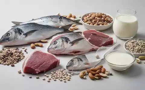 Eine Nahaufnahme verschiedener proteinreicher Lebensmittel wie Fisch, Hülsenfrüchte, Nüsse und Milchprodukte auf einer hellen Oberfläche. - Foto: über boerse-global.de