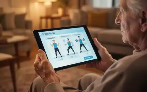 Ältere Hände halten ein Tablet mit digitalen Übungen für Sprachtherapie. Hintergrund ist ein unscharfes, gemütliches Wohnzimmer. - Foto: über boerse-global.de