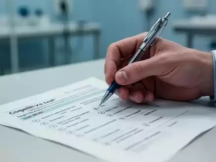 Nahaufnahme einer Hand, die einen Stift über einem kognitiven Testbogen hält. Der Bogen enthält Multiple-Choice-Fragen. - Foto: über boerse-global.de