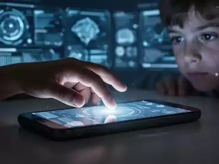 Eine Kinderhand greift nach einem leuchtenden Smartphone-Bildschirm. Im Hintergrund verschwommene digitale Schnittstellen. - Foto: über boerse-global.de