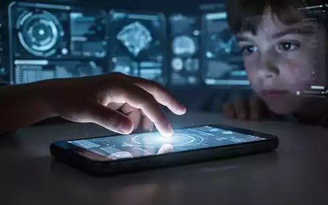 Eine Kinderhand greift nach einem leuchtenden Smartphone-Bildschirm. Im Hintergrund verschwommene digitale Schnittstellen. - Foto: über boerse-global.de