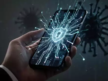 Nahaufnahme einer Hand, die ein Smartphone hält, dessen Bildschirm abstrakte, leuchtende Linien zeigt, die Datenströme und Sicherheitsprotokolle darstellen. Ein schattenhafter, digitaler Virus schwebt subtil im Hintergrund. - Foto: über boerse-global.de